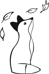 vector Autumn fox animal with falling leaves black and white picture for colouring print