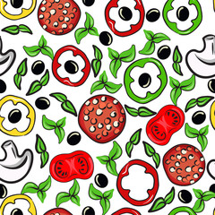 Hand drawn vector colorful seamless pattern with sausage, bell pepper, mushrooms, olives, tomatoes and greens