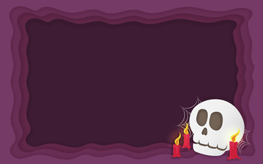 Halloween scary skull with melting candles background paper art style. Vector illustration.