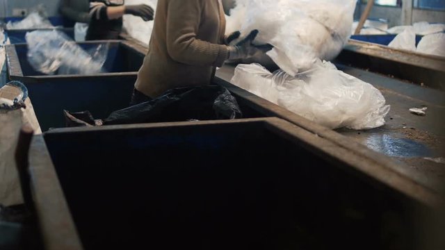Manual sorting of garbage in the form of polyethylene for further waste recycling, conveyer belt