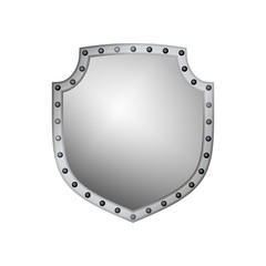 Silver shield shape icon. 3D gray emblem sign isolated on white background. Symbol of security, power, protection. Badge shape shield graphic design. Vector illustration
