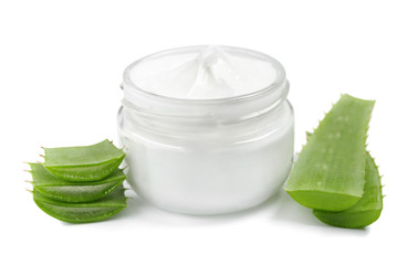 aloe vera and cream for skin on white background