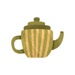 Small green teapot with yellow stripes. Ceramic kettle with lid, long snout and handle. Flat vector with texture