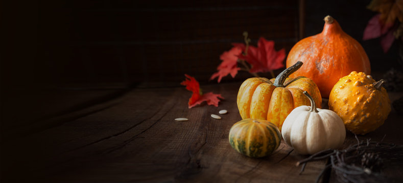 Autumnal banner for Thanksgiving Day with variety of pumpkins on dark rustic wooden background with copy space