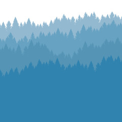 Forest background in the fog, coniferous trees. Vector illustration. Landscape with woods, silhouette