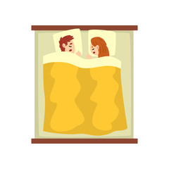 Young couple sleeping on the bed, young man and woman, relaxing at night, view from above vector Illustration on a white background