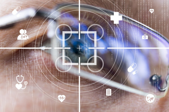 Eye monitoring virtual reality health digital in medicine. Concept of eye treatment.