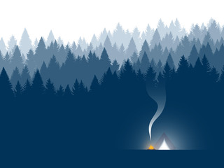 Forest background, coniferous trees. Vector illustration. Landscape with tent. Night camping.  © kovalto1