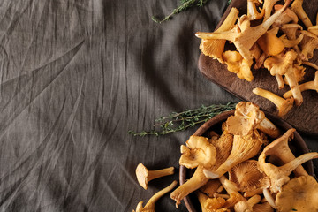 Fresh chanterelle mushrooms with for cooking, copy space, top view