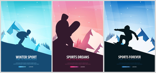 Set banners of Winter Sport. Ski and Snowboard. Mountain landscape. Snowboarder in motion. Vector illustration.