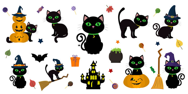 Happy Halloween. Mega set of black cat with green eyes in different poses with a pumpkin, on a broomstick, in a hat of a witch and other elements isolated on a white background. Cartoon, vector