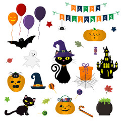 Halloween set of cute elements, objects and icons for your design in a cartoon style, isolated on a white background. Vector, flat