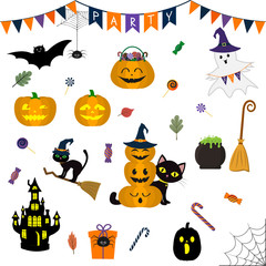 Halloween set of cute elements, objects and icons for your design in a cartoon style, isolated on a white background. Vector, flat