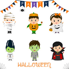 Halloween party kids character set. Children in a colorful Halloween costumes mummy, pumpkin, ghost, monster, zombie, vampire in a cartoon style. Vector, flat