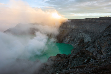 View from Ijen Crater, Sulfur fume at Kawah Ijen, Vocalno in Indenesia