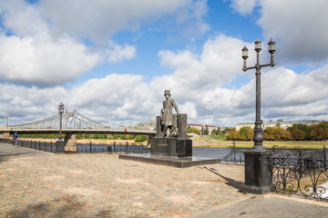 Monument to Russian poet Alexander Pushkin on the embankment in Tver, Russia. Volga river...