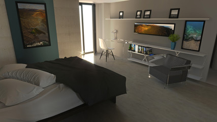 Camera da letto in stile moderno con armadi ed arredamento. Appartamento, progetto architettonico. 3d rendering