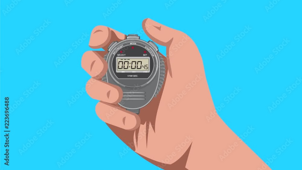 Poster 2d animation motion graphics showing a hand holding a digital stopwatch or timer and counting up to 