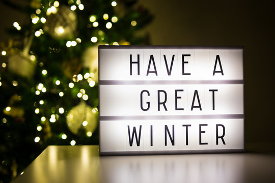 winter and christmas concept - lihtbox with text have a great winter in dark room with christmas tree