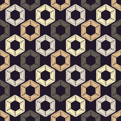 Seamless abstract geometric pattern. Shapes of hexagons. Mosaic texture. Brushwork. Hand hatching. 