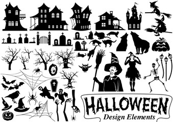Halloween Design Elements for Your Use - Black and White Illustration Set, Vector