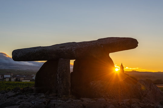 Dolmen of Chabola de la Hechicera at sunrise, Elvillar, Basque Country, Spain