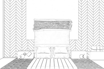 3d illustration. Sketch of modern bedroom interior. Top view