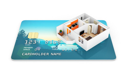 Concept of purchase or payment for housing illustration of Apartment layout located on a credit card 3d render