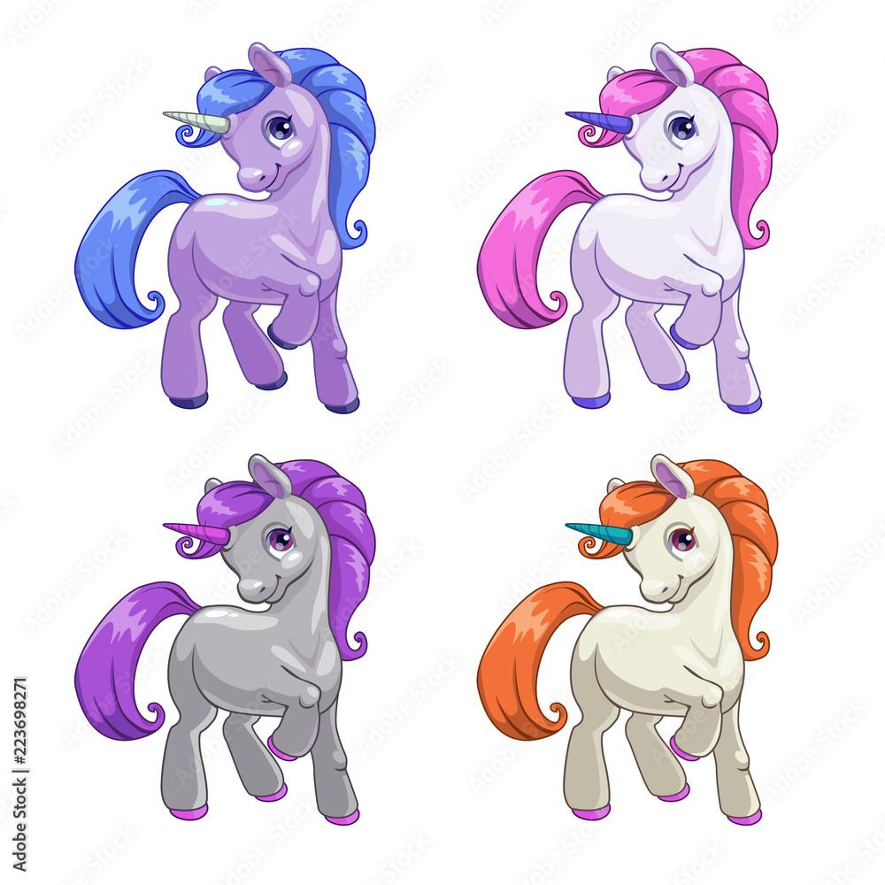 Sticker Little cute cartoon unicorn icons set. Vector fantasy pony.