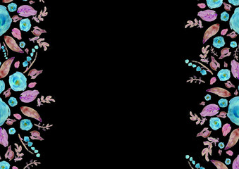 Painted watercolor composition with flowers and leaves. Frame of roses. Floral border. Can be used as invitation card for wedding, birthday, other holiday, summer background, poster, banner.