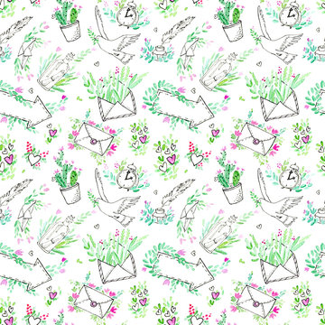 Seamless pattern of a dove,clock,boat,envelope, airplane, parcel,cactus, letter and floral.Sketch.Watercolor hand drawn illustration.White background.
