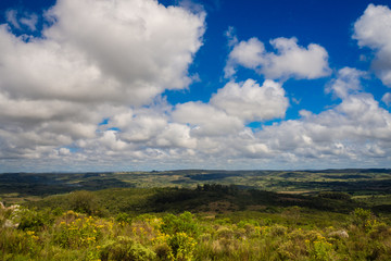 Aerial view landscape scene at countryside environment at Rocha province, Uruguay. Sierra rocha