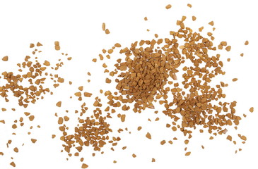 Instant coffee granules isolated on white background and texture, top view