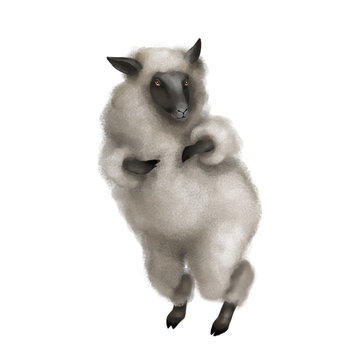 The sheep are on their hind legs. Fluffy gray lamb. Computer graphics.