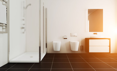 Obraz na płótnie Canvas Scandinavian bathroom, classic vintage interior design. 3D rendering. Sunset.