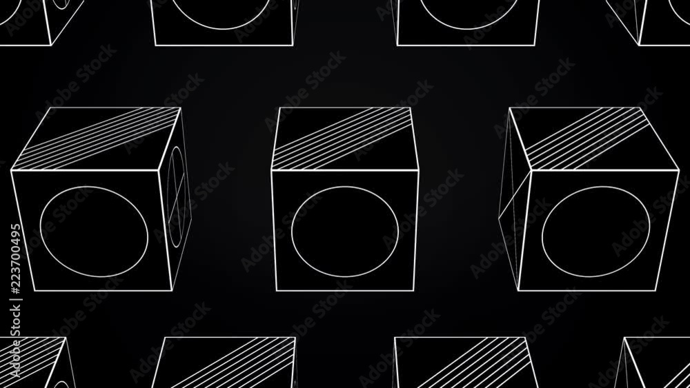 Poster rotating cubes animation - looping. animation rotating cubes of white lines on black background