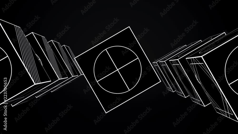 Poster rotating cubes animation - looping. animation rotating cubes of white lines on black background