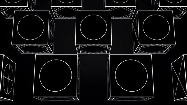 Motion cubes loop. Animation rotating cubes of white lines on black background