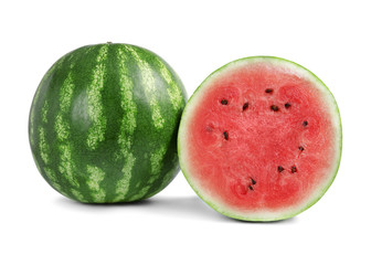 whole and cut in half a watermelon on a white background
