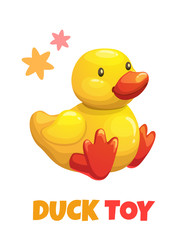 Cute cartoon yellow duck stuffed toy. Vector baby plush toy.