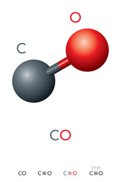 Carbon monoxide, CO, molecule model and chemical formula. Toxic gas and less dense than air. Ball-and-stick model, geometric structure and structural formula. Illustration on white background. Vector.