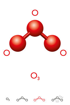 Ozone, O3, trioxygen, molecule model and chemical formula. Inorganic pale blue gas with pungent smell. Ball-and-stick model, geometric structure and structural formula. Illustration over white. Vector