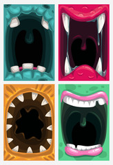 Scary monster mouth. Vector creepy posters set.