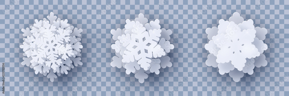 Wall mural vector set of 3 white christmas paper cut 3d layered snowflakes with shadow on transparency backgrou