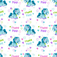 Seamless pattern with cute cartoon blue pony and hearts.