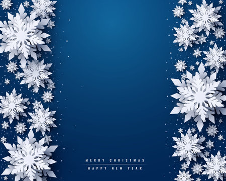 Vector Merry Christmas and Happy New Year greeting card design with white layered paper cut snowflakes on blue background. Seasonal Christmas and New Year holidays paper art banner, poster template