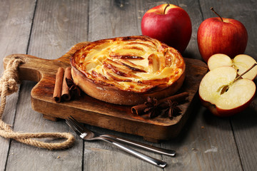 Apple tart. Gourmet traditional holiday apple pie sweet baked dessert food with cinnamon and apples...