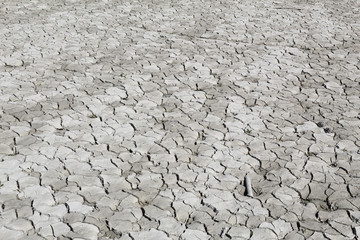 Dry cracked grey clay soil shot in perspective during a hot sunny day in the Mediano artifical lake in the Spanish Aragonese Pyrenees