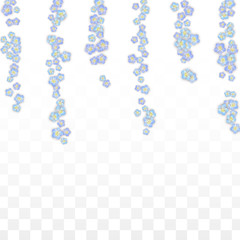 Blue Vector Realistic Blue Petals Falling on Transparent Background.  Spring Romantic Flowers Illustration. Flying Petals. Sakura Spa Design. Blossom Confetti. Design Elements for Wedding Decoration.