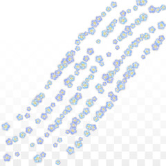 Blue Vector Realistic Blue Petals Falling on Transparent Background.  Spring Romantic Flowers Illustration. Flying Petals. Sakura Spa Design. Blossom Confetti. Design Elements for Wedding Decoration.